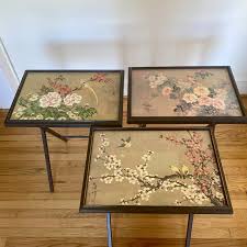 Mid 20th Century Vintage Artex Folding Tray Tables Asian Floral & Bird Print, Set of 3 | Chairish