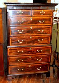 Antique English George III. Satinwood Inlaid Flame or Crotch Mahogany Chippendale Style Chest on Chest