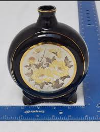 Vintage Art Of Chokin 24k Gold Edged Japanese Black Vase Flowers Butterfly 6" | eBay