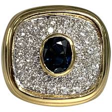 18K Yellow Gold Oval Cut Blue Sapphire Diamond Vintage Ring ...