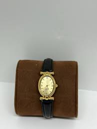 VINTAGE GOLD TONE BLACK LEATHER BAND DIAMOND QUARTZ WATCH ...