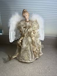 Brown Haired Angel Tree Topper Santa's Workshop 16" Black Wedding Dress Tree Topper Angel, White Tree Face Decor