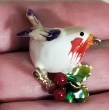 Jewelry | Christmas Bird Brooch Pin Enamel Holly Berries ...