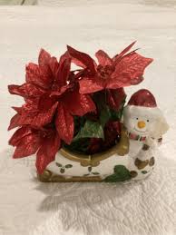 Vintage Ceramic Snowman Sleigh with Poinsettias | eBay