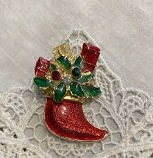 Christmas Brooch Pin Red Enamel Rhinestone Stocking Holiday ...