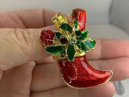 Christmas Elf Boot with Gifts Enamel Rhinestones Vintage ...