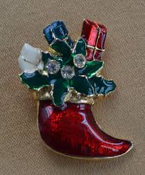 Red, Green Christmas Stocking Pin, Brooch, Gold Tone ...