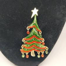 Christmas Tree Brooch Gold Tone Enamel Bead Hanging Ornaments Red Green Holiday | eBay