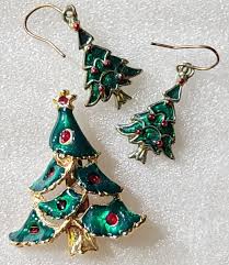 Vintage Merry Christmas Green Enamel Tree Brooch & Earrings Holiday Jewelry Set | eBay