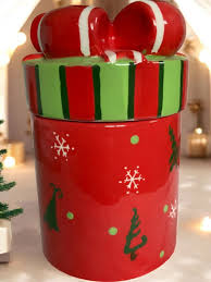 Vintage Christmas Ceramic Cookie Candy Jar With Lid Bow ...