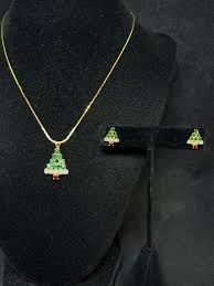 Gold Tone Rhinestone Christmas Tree Necklace and Pierced ...