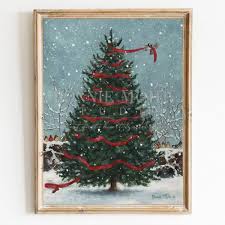 Red Ribbon and Birds print - art featuring a winter scene, pine ...