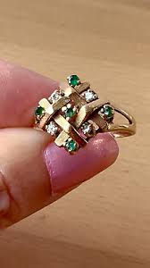 VINTAGE 14K YELLOW GOLD EMERALD DIAMOND RING BASKET WEAVE ...