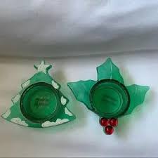 Holiday | Lot Of 2 Green Glass Tea Light Holders Christmas ...