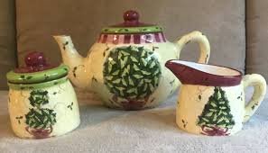 LAURIE GATES CHRISTMAS TOPIARY POTTERY USA TEA POT SUGAR AND ...