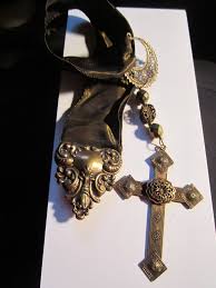 UNUSUAL RELIGIOUS CROSS ON RIBBON WITH SILVER PLATED END ...