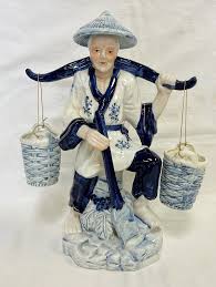 Vintage Blue and White Porcelain Asian Figurine Carrying ...