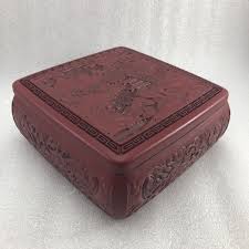 Asian Red Cinnabar trinket Box 6" Landscape and Dragon /L13 ...