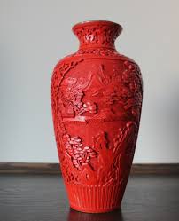 1950-70s Deep Carved Mountain and River Chinese cinnabar ...
