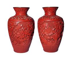 Pair of Chinese Hand-Carved Red Cinnabar Lacquer Vases, Mid ...