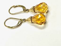 14K YELLOW GOLD PEAR TEARDROP FACETED CITRINE DANGLE DROP ...