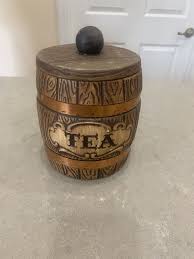 Treasure Craft Tea Canister Faux Wood Barrel Copper Bands Vintage Jar | eBay