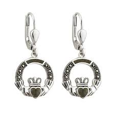 Sterling Silver Claddagh Earrings with Connemara Marble ...