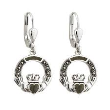 Silver Claddagh Earrings with Connemara Marble & Marcasite ...