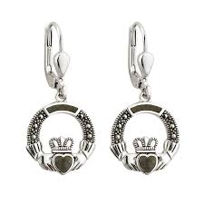 Connemara Marble and Marcasite Claddagh Earrings from Ireland