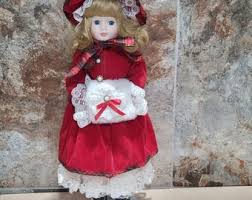 Vintage Porcelain Doll Velvet Red Dress White Lace Muff Hand ...