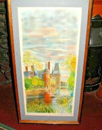 Color Lithograph Church Castle Water Detailed Signed Framed ...