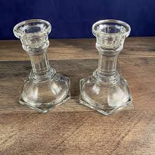 Pair Set Clear Glass Candlestick Holders Octagon 2.75"L x ...