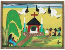 Sold at Auction: Clementine Hunter, Clementine Hunter, American/Louisiana 1886-1988, “Nativity”, oil on board, 18 x 24 in. (45.7 x 61 cm.), Frame: 19 1/4 x 25 1/4 x 1 1/4 in. (48.9 x 64.1 x 3.2 cm.)