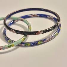 3 Vintage Boho Cloisonne Bangles Bracelets- Blue, Green ...