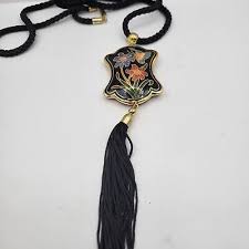 Puffed CLOISONNE Pendant Necklace Tassel Butterfly Flowers Black Braided Cord | eBay