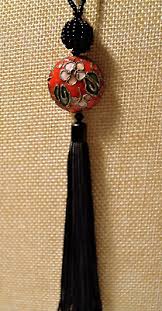 Cloisonne Red Enamel Floral Motif Pendant 47" Long Black Bead Necklace | eBay