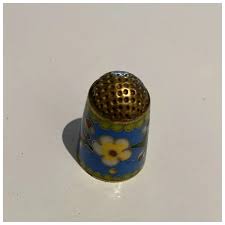Antique sewing Eyelet Bodkin Implement & Cloisonne Thimble. For Sale at Ruby Lane