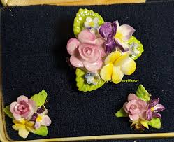 Coalport China Brooch Earrings Ceramic Flower Garden Pin ...