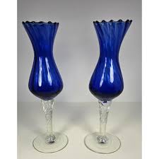 Set of 2 Blue Optic Swirl Vases With Clear Twisted Stems 10 ...