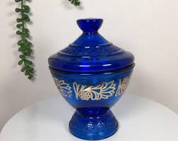 Vintage Cobalt Blue Glass Compote: Gold Floral Vanity Jar ...