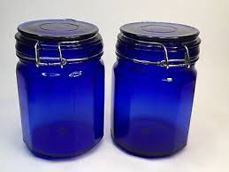 Set of Two Cobalt Blue Paneled Glass Canister Jar Container Hinged Wire Lid 5.5” | eBay