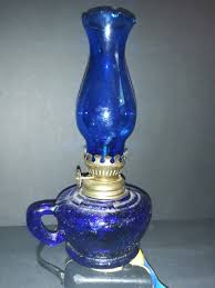 Vintage Cobalt Blue Finger Glass Mini Oil Lamp Hurricane ...
