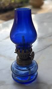 Vintage Miniature 4” Cobalt Blue Glass Kerosene Oil Lamp w ...