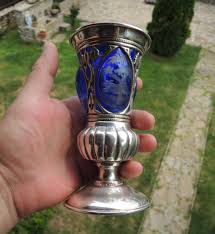 19th. Biedermeier era cobalt blue cut glass silver goblet hunting scenes | eBay