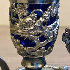 Antique Japanese Sankyo Dragons Condiment Set Cobalt Glass & Metal w/ Tray 7.25” | eBay
