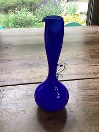 Vintage Blown Glass Cased Cobalt Blue Jug Pitcher Vase Clear Handle 8” Narrow