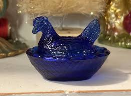 TINY Cobalt Blue Glass Chicken Hen on Nest 2 piece set only ...