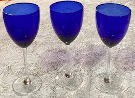 Lot of 3 Large Cobalt Blue Wine Glasses Water Goblets Clear ...