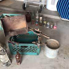 Antique Vintage Bottles Cans Spurs Minnow Bucket Hard Hat