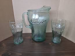 Vintage Coca Cola Pitcher and 2 Glasses Set Green Glass Coke ...